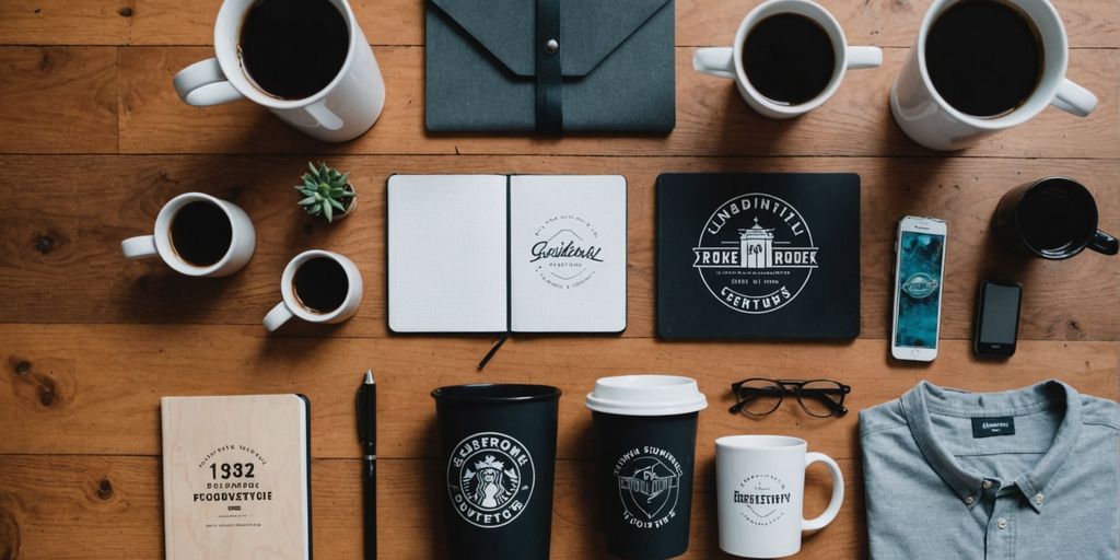 Creative business swag items on a wooden surface.